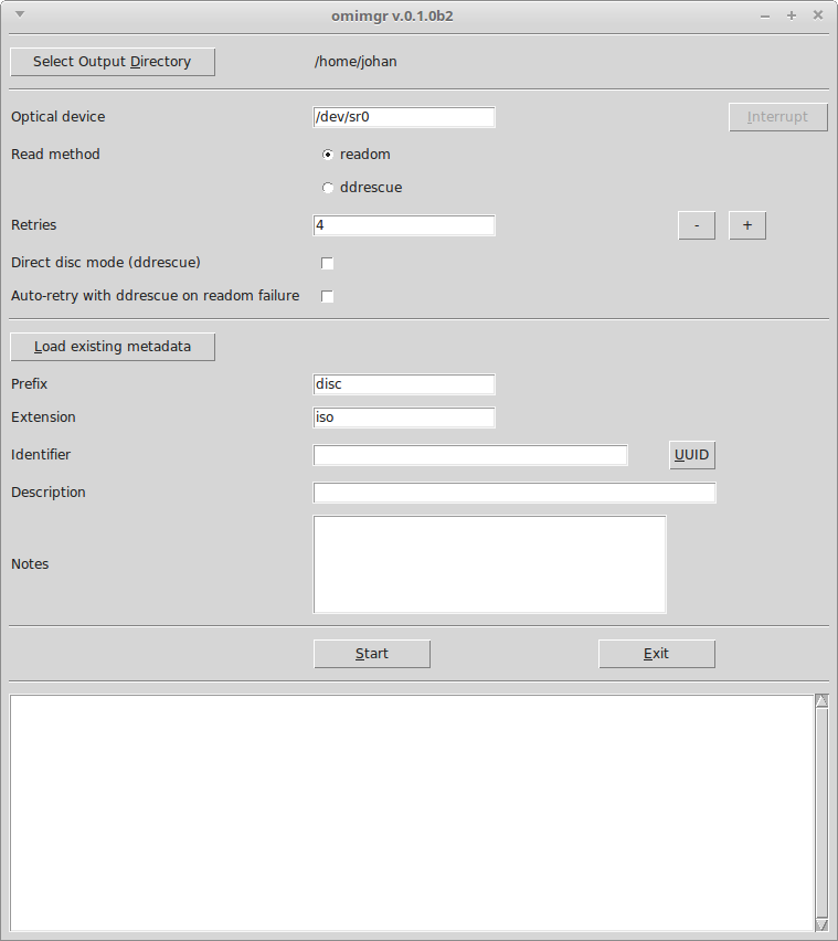 Screenshot of omimgr interface at startup