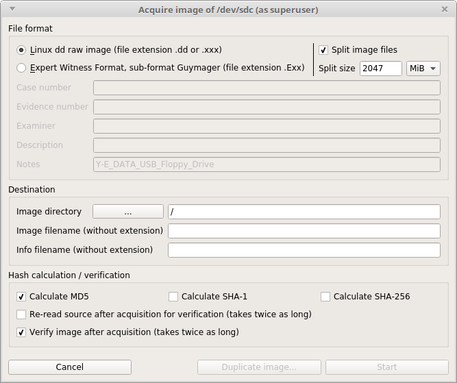 Screenshot of Guymager entry form, dd format