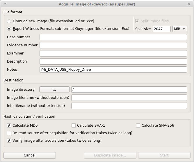 Screenshot of Guymager entry form, Expert Witness format