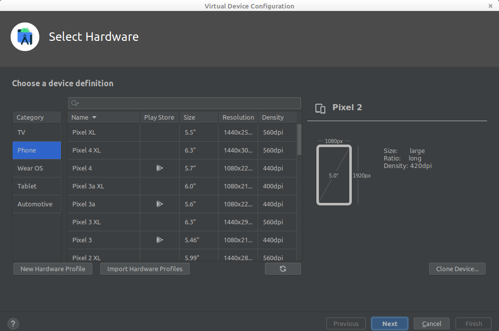 First step of Android Virtual Device setup process.
