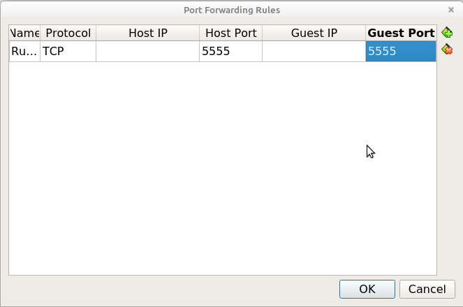 Setting port forwarding rules in VirtualBox.