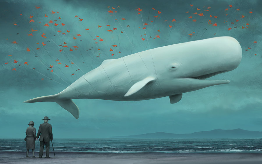 Painting of a whale, which is lifted above the beach by a swarm of red Twitter birds. In the foreground, an elderly couple watches the scene.