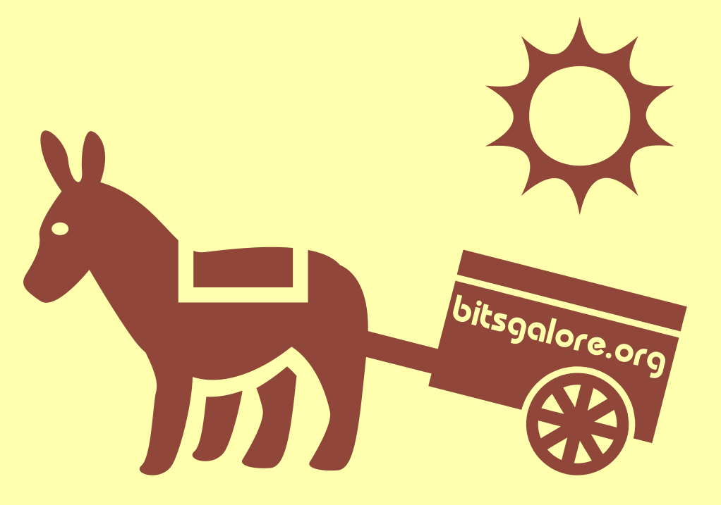Icon of a donkey that is pulling a cart that has the words bitsgalore.org written on it. In the background the sun is shining.