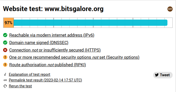 Screenshot of website test summary info for domain www.bitsgalore.org. It shows the site got an overall score of 97%.