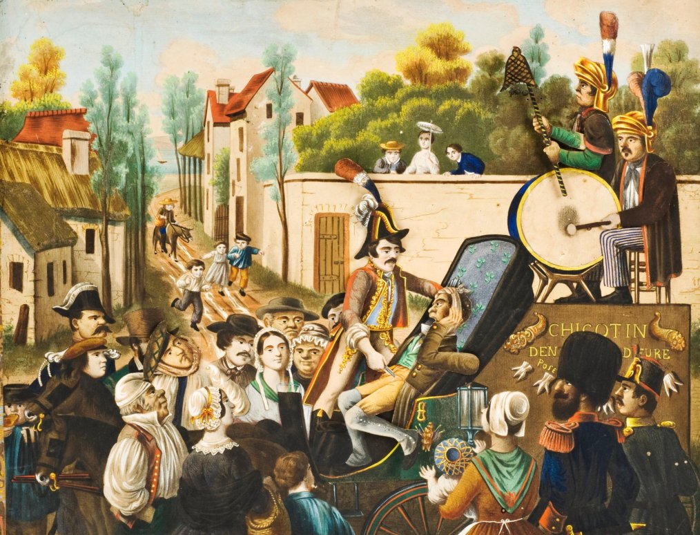 Street scene showing crowd gathered around an open carriage in which a dentist performs a tooth extraction on a patient. Next to the patient a man is banging on a large drum.